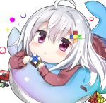  :&lt; ahoge bangs blue_pants blush blush_stickers brown_sweater chibi closed_mouth commentary_request denim eyebrows_visible_through_hair hair_between_eyes holding jeans kamioka_shun'ya long_hair long_sleeves looking_at_viewer lying on_stomach original pants purple_eyes rubik's_cube shiori_(kamioka_shun'ya) sidelocks silver_hair solo stuffed_animal stuffed_toy stuffed_whale sweater white_background 