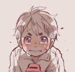  bruise commentary_request crying crying_with_eyes_open injury limited_palette looking_at_viewer made_in_abyss male_focus natt_(made_in_abyss) pink_background purple_eyes scar simple_background solo tears usuki_(usukine1go) whistle wing_collar 