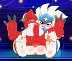  5_fingers anal anal_penetration balls barefoot big_balls blush chair_position claws digimon digimon_(species) erection feet foot_focus from_behind_position hindpaw male male/male nude paws penetration penis precum redemption3445 sex shoutmon soles spadamon toe_claws toe_curl 