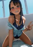  1girl absurdres black_hair blush breasts brown_eyes bulge collarbone dress_shirt erection erection_under_clothes grin gumroad_reward hair_ornament hairclip hetero highres ijiranaide_nagatoro-san indoors lasterk long_hair looking_at_viewer medium_breasts nagatoro off_shoulder one-piece_swimsuit paid_reward partially_unbuttoned pov shirt shirt_pull smile solo_focus straddling swimsuit swimsuit_under_clothes teeth v white_shirt window 