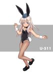  animal_costume animal_ears bare_shoulders black_footwear blonde_hair blue_eyes bow bowtie breasts bunny_ears bunny_girl bunny_tail bunnysuit character_name collarbone fake_animal_ears fake_tail full_body garrison_cap hat highres kantai_collection long_hair looking_at_viewer pantyhose porusasu shoes simple_background small_breasts solo tail tan tanline u-511_(kantai_collection) wrist_cuffs 