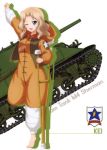  ;d absurdres animal_costume arm_up bandages barefoot blonde_hair blue_eyes character_name full_body girls_und_panzer ground_vehicle highres kay_(girls_und_panzer) leg_up long_hair m4_sherman military military_vehicle motor_vehicle official_art one_eye_closed open_mouth pajamas smile solo standing standing_on_one_leg tank white_background 