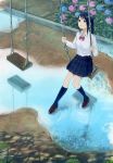  blue_eyes blue_hair blue_legwear blue_sky bow bowtie brown_footwear collared_shirt commentary flower highres hydrangea long_sleeves medium_hair original outdoors parted_lips puddle red_neckwear reflection ripples sako_(user_ndpz5754) school_uniform shallow_water shirt shoes sitting sky socks solo swing white_shirt wing_collar 