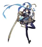  alice_(sinoalice) blue_hair dress eyebrows_visible_through_hair full_body ji_no looking_at_viewer official_art puffy_sleeves red_eyes sinoalice solo sword thighhighs weapon white_background 