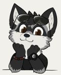  black_fur bracelet brown_eyes corvidcurse_(artist) eyewear fluffy fur grey_fur jewelry looking_at_viewer mammal paws procyonid raccoon simple_background sunglasses table tervos_(character) watch white_fur 