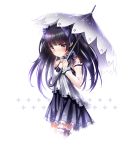  arm_at_side bangs black_hair black_skirt blunt_bangs blush bow brown_eyes detached_sleeves earrings hair_bow jewelry karen_(navy_42) long_hair looking_at_viewer original purple_bow simple_background skirt stand starry_sky_print thigh_strap umbrella white_background 