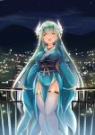  :d aqua_hair breasts city_lights fate/grand_order fate_(series) horns japanese_clothes kimono kiyohime_(fate/grand_order) long_hair looking_at_viewer mountain night open_mouth outdoors sesield smile solo thick_thighs thighhighs thighs very_long_hair white_legwear yellow_eyes 