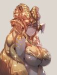  blonde_hair bow_(bhp) breasts closed_mouth commentary_request curled_horns dragon_girl expressionless facial_mark grey_background grey_skin horns jewelry kulve_taroth large_breasts long_hair looking_at_viewer monster_hunter monster_hunter:_world necklace personification pointy_ears shiny shiny_hair simple_background solo sparkle underboob upper_body very_long_hair yellow_eyes 