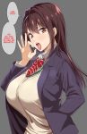  1girl breasts brown_eyes brown_hair fellatio_gesture grey_background hair_intakes hand_in_pocket hard_translated highres huge_breasts kloah long_hair looking_at_viewer mole mole_under_eye open_mouth school_uniform simple_background solo tongue tongue_out translated upper_body 