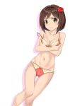  :/ absurdres arms_under_breasts blush bow bow_bra bow_panties bra breast_hold breasts brown_hair cleavage collarbone commentary eyebrows_visible_through_hair feet_out_of_frame flower green_eyes hair_flower hair_ornament highres idolmaster idolmaster_cinderella_girls k-ya. lingerie looking_at_viewer maekawa_miku medium_breasts panties pink_lips red_bow red_flower rose short_hair simple_background skindentation solo strap_slip thigh_gap underwear underwear_only white_background 