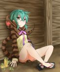  bare_legs blue_hair commentary_request crossed_legs eyebrows_visible_through_hair geta hood hoodie isobee japari_coin kemono_friends long_sleeves neck_ribbon ribbon short_hair sitting snake_print snake_tail solo tail tengu-geta tsuchinoko_(kemono_friends) 