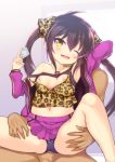  1girl ;d animal_print bangs bare_shoulders between_fingers blush breasts brown_eyes brown_hair camisole collarbone commentary_request condom condom_wrapper eyebrows_visible_through_hair hair_between_eyes hair_ribbon head_tilt heart heart_necklace hetero holding holding_condom idolmaster idolmaster_cinderella_girls jacket leopard_print long_hair long_sleeves matoba_risa nipples one_eye_closed open_clothes open_jacket open_mouth out-of-frame_censoring panties pleated_skirt polka_dot polka_dot_panties print_camisole print_ribbon purple_jacket purple_panties purple_skirt ribbon safi sidelocks sitting sitting_on_lap sitting_on_person skirt small_breasts smile solo_focus strap_slip twintails underwear very_long_hair 