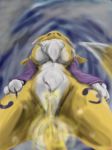  anthro armwear big_breasts blue_eyes breasts bridal_gauntlets canine claws clothing digimon female fur looking_at_viewer mammal nude omorashi peeing potira＠ポチラ_(artist) pussy renamon simple_background solo standing tuft urine watersports white_fur yellow_fur 