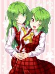  ;d aka_tawashi ascot blush breasts closed_mouth commentary_request cowboy_shot dual_persona eyebrows_visible_through_hair eyes_visible_through_hair green_eyes green_hair head_tilt highres holding_hands interlocked_fingers kazami_yuuka kazami_yuuka_(pc-98) large_breasts long_hair long_sleeves multiple_girls one_eye_closed open_mouth pink_background plaid plaid_skirt plaid_vest red_eyes red_skirt red_vest shirt short_hair skirt smile standing striped striped_background touhou touhou_(pc-98) vertical-striped_background vertical_stripes vest white_shirt wing_collar yellow_neckwear 