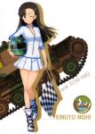  ;) absurdres asymmetrical_bangs bangs black_hair boots breasts brown_eyes character_name checkered checkered_flag cleavage flag floating_hair girls_und_panzer helmet highres holding holding_flag holding_helmet leg_up long_hair looking_at_viewer medium_breasts miniskirt nishi_kinuyo official_art one_eye_closed partially_unzipped pleated_skirt skirt smile solo standing standing_on_one_leg white_background white_skirt 