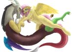  2018 absurd_res anthro blush breasts discord_(mlp) draconequus duo equine feathered_wings feathers female fluttershy_(mlp) friendship_is_magic hair hi_res long_hair male male/female mammal my_little_pony nude open_mouth pegasus penetration penis sex simple_background the-minuscule-task vaginal vaginal_penetration white_background wings 
