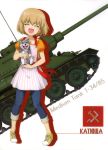  absurdres animal apron blonde_hair blue_pants character_name closed_eyes collarbone dog eyebrows_visible_through_hair fang full_body girls_und_panzer ground_vehicle hair_between_eyes highres holding holding_animal katyusha military military_vehicle motor_vehicle official_art open_mouth orange_shirt pants shirt shoes short_hair short_sleeves smile sneakers solo standing striped t-34-85 tank vertical-striped_apron vertical_stripes white_apron white_background yellow_footwear 