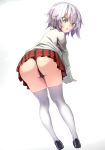  :o alternate_costume ass bangs bent_over black_footwear black_panties blush dutch_angle eyebrows_visible_through_hair facial_scar fate/grand_order fate_(series) from_behind full_body green_eyes jack_the_ripper_(fate/apocrypha) long_sleeves looking_at_viewer looking_back miniskirt open_mouth panties pleated_skirt red_skirt scar shirt shoes silver_hair simple_background skirt sleeves_past_wrists solo standing taku_(user_nxgk7748) thighhighs thong underwear upskirt white_background white_legwear white_shirt 
