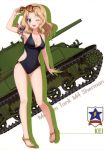  ;d absurdres american_flag arm_ribbon black_swimsuit blue_eyes breasts casual cleavage collarbone covered_navel eyebrows_visible_through_hair full_body girls_und_panzer ground_vehicle highres holding holding_eyewear kay_(girls_und_panzer) light_brown_hair long_hair m4_sherman medium_breasts military military_vehicle motor_vehicle official_art one_eye_closed open_mouth ribbon sandals sideboob smile solo standing sunglasses swimsuit tank white_background 