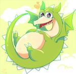  &lt;3 aoinudayo barefoot claws cuphead_(game) cute dragon fangs feral flying green_skin grim_matchstick hand_on_stomach looking_at_viewer male nude open_mouth scalie sharp_claws sharp_teeth slightly_chubby solo spikes teeth toe_claws tongue tongue_out video_games wings 