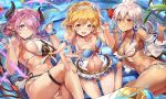  ahoge bangs bare_shoulders bikini blonde_hair blue_eyes blush breasts brown_eyes cleavage collarbone commentary_request dark_skin djeeta_(granblue_fantasy) double_bun draph earrings eyebrows_visible_through_hair flower front-tie_bikini front-tie_top granblue_fantasy hair_between_eyes hair_flower hair_ornament hair_over_one_eye hairband hairclip hibiscus himuro_(dobu_no_hotori) hips horns jacket jewelry large_breasts lavender_hair long_hair looking_at_viewer medium_breasts multiple_girls narmaya_(granblue_fantasy) navel navel_cutout off_shoulder open_clothes open_jacket open_mouth pointy_ears red_eyes short_hair smile swimsuit thigh_strap thighs white_bikini white_hair wrist_cuffs zooey_(granblue_fantasy) 