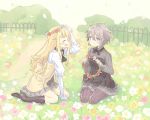  ange_(princess_principal) blonde_hair blue_eyes blush braid flower grey_hair head_wreath highres long_hair looking_at_viewer multiple_girls normaland princess_(princess_principal) princess_principal short_hair smile 