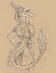  2018 absurd_res anthro biped butt_fluff cheek_tuft claws digitigrade elbow_tufts fur greyscale hand_on_hip happy hi_res kel looking_aside male mammal mane monochrome neck_tuft nude ocelotfire pencil_(artwork) portrait rear_view sergal shaded shoulder_tuft signature simple_background sketch slit_pupils snout solo tail_tuft thick_tail three-quarter_portrait toony traditional_media_(artwork) tuft vilous_universe 