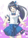  absurdres aihara_yachiyo_(artist) aoi_ch. bangs black_hair blue_eyes blue_skirt blunt_bangs blush commentary fuji_aoi hakama_skirt highres looking_at_viewer miniskirt mole mole_under_eye open_mouth outstretched_hand petals ponytail school_uniform skirt smile solo virtual_youtuber 
