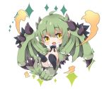  :d ahoge ass bangs blush breasts chibi commentary dragon_girl dragon_horns dragon_tail dragon_wings dress eyebrows_visible_through_hair fang full_body green_dress green_hair green_wings hair_between_eyes horns medium_breasts milkpanda monster_hunter navel no_shoes open_clothes open_dress open_mouth panties personification rathian smile soles solo sparkle tail thighhighs underboob underwear white_background white_legwear white_panties wings yellow_eyes 