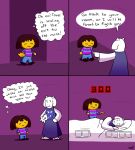  anthro boss_monster brown_hair caprine clothed clothing comic crying dialogue duo english_text eyes_closed female fire footwear fur goat hair hi_res horn human loss magic mammal pants protagonist_(undertale) robe shirt shoes speech_bubble tears text thought_bubble toriel undertale unknown_artist video_games white_fur 