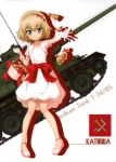  absurdres anklet bangs blonde_hair blue_eyes blunt_bangs bow character_name collarbone dress eyebrows_visible_through_hair flower full_body girls_und_panzer gloves ground_vehicle hair_between_eyes hair_flower hair_ornament highres jewelry katyusha military military_vehicle motor_vehicle official_art outstretched_arm pumps red_bow red_flower short_dress short_hair sleeveless sleeveless_dress solo standing t-34-85 tank white_background white_dress white_footwear white_gloves 