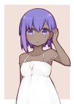  :o arm_behind_back arm_up armpits bangs bare_arms bare_shoulders beige_background blush collarbone dress eyebrows_visible_through_hair fate/prototype fate/prototype:_fragments_of_blue_and_silver fate_(series) hair_tucking halter_dress hassan_of_serenity_(fate) i.u.y looking_at_viewer outside_border parted_lips purple_eyes purple_hair short_hair simple_background sleeveless sleeveless_dress solo spaghetti_strap sundress tareme upper_body white_dress 