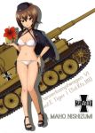  absurdres bangs bikini black_hat black_jacket blunt_bangs breasts brown_eyes brown_hair character_name cleavage collarbone eyebrows_visible_through_hair flower girls_und_panzer groin ground_vehicle hair_between_eyes hand_on_hip hat hibiscus high_heels highres holding jacket looking_at_viewer medium_breasts military military_hat military_vehicle motor_vehicle navel nishizumi_maho official_art open_clothes open_jacket red_flower sandals short_hair side-tie_bikini smile solo standing strappy_heels swimsuit tank thigh_gap tiger_i white_background white_bikini 