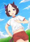  :d absurdres animal_ears belly_peek blue_sky blush bow brown_hair cloud commentary_request day dutch_angle feiyyx gym_shirt gym_shorts gym_uniform hair_bow highres horse_ears horse_girl horse_tail looking_at_viewer multicolored_hair navel open_mouth outdoors purple_bow purple_eyes red_shorts running shirt short_hair short_shorts short_sleeves shorts sky smile solo special_week streaked_hair sweat tail umamusume upper_teeth white_hair white_shirt 