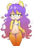  areole bangs bikini blush boob_slip breasts clothing ear_piercing eyelashes female fur green_eyes hair hairband half-closed_eyes hearlesssoul herpestid looking_at_viewer mammal messy_hair mina_mongoose mongoose nipples open_mouth piercing purple_hair side-tie_bikini small_breasts solo sonic_(series) swimsuit undressing yellow_fur 