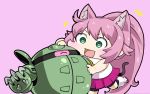  :d animal_ears bike_shorts boots cat_ears cat_tail chibi commentary_request full_body green_eyes gundam gundam_build_divers kapool long_hair momo_(gundam_build_divers) open_mouth pink_background pink_hair ponytail simple_background skirt sleeveless smile solo tail yashiro_momoka yunaka_(259808) 