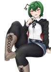  antennae belt black_cape black_eyes boots borrowed_design cape collared_shirt commentary_request cross-laced_footwear denim denim_shorts green_hair highres nicutoka pantyhose shirt shorts simple_background sitting smile touhou white_background white_shirt wriggle_nightbug 