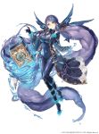  blue_eyes bodysuit book cleavage_cutout covered_navel eyebrows_visible_through_hair fins floating_book full_body gold_trim hand_on_own_chin highres impossible_bodysuit impossible_clothes ji_no long_coat long_hair ningyo_hime_(sinoalice) official_art purple_hair shiny shiny_clothes sinoalice skin_tight solo square_enix very_long_hair water white_background wide_sleeves 