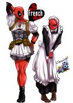  abs alternate_costume arm_up belt_pouch black_footwear black_skirt brown_footwear deadpool english enmaided eye_contact flower hand_behind_head hand_on_hip looking_at_another maid maid_headdress male_focus masiro mask multiple_boys pouch red_skin skirt spider-man spider-man_(series) standing trait_connection 
