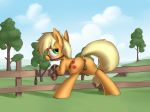  2016 4:3 animal_genitalia animal_pussy anus applejack_(mlp) bakasan94 blonde_hair bound bridle butt cloud cutie_mark dock earth_pony equine equine_pussy female fence feral freckles friendship_is_magic green_eyes hair horse looking_back mammal my_little_pony outside pony pussy pussy_juice sky solo spread_legs spreading tree 