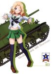  absurdres black_neckwear blonde_hair blue_eyes blue_legwear brown_footwear character_name collarbone full_body girls_und_panzer grin ground_vehicle highres kay_(girls_und_panzer) loafers long_hair m4_sherman midriff military military_vehicle miniskirt motor_vehicle navel official_art one_eye_closed ooarai_school_uniform outstretched_arms pleated_skirt school_uniform serafuku shirt shoes skirt smile solo standing stomach tank thighhighs uniform white_background white_shirt zettai_ryouiki 