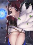  :d ahri animal_ears armpits arms_up artist_name ass bare_shoulders black_hair blue_fire breasts brown_eyes cloud cloudy_sky cowboy_shot detached_sleeves fang fire fox_ears fox_tail from_behind hitodama kyuubi large_breasts leaf league_of_legends letdie1414 long_hair long_sleeves looking_at_viewer looking_back low-tied_long_hair miniskirt multiple_tails no_panties open_mouth outdoors patreon_username skirt sky smile solo standing straight_hair tail tail_cutout tassel thighs tree upskirt very_long_hair whisker_markings white_skirt wide_sleeves 