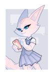  &gt;:3 aggressive_retsuko anthro black_nose blue_eyes canine cellphone clothed clothing eyelashes female fennec fenneko fox fur holding_object holding_phone mammal multicolored_fur phone sanrio simple_background skirt smile solo spinyoctopus text_message two_tone_fur uniform 