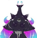  2016 anon anthro averyshadydolphin big_body big_breasts black_nipples black_skin breast_squish breasts claws comfy digital_media_(artwork) dragon duo erect_nipples eyewear feet female hi_res holding_breast horn huge_breasts humanoid larger_female looking_down magical_wings male nipples nude purple_wings regalia regalia_(character) simple_background size_difference small_head smaller_male smile sunglasses thick_thighs tiny_head toes white_background wings 