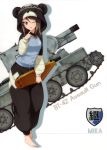  ;) absurdres animal_costume animal_hood bangs brown_eyes brown_hair bt-42 character_name full_body girls_und_panzer ground_vehicle hair_between_eyes highres holding holding_instrument hood instrument long_hair looking_at_viewer mika_(girls_und_panzer) military military_vehicle motor_vehicle official_art one_eye_closed pajamas smile solo standing tank white_background 