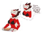  2016 angry anthro averyshadydolphin big_breasts bra breasts calamity clothed clothing digital_media_(artwork) dragon female food frustration fur hypnosis markings mind_control plate red_eyes red_skin sandwich_(food) scalie snout solo standing text underwear white_markings white_skin 