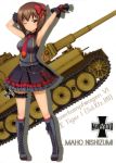 absurdres armpits arms_up black_gloves black_hairband black_skirt boots bow brown_eyes brown_hair character_name eyebrows_visible_through_hair girls_und_panzer gloves grey_footwear grey_shirt ground_vehicle hair_between_eyes hair_bow hairband highres knee_boots layered_skirt looking_at_viewer military military_vehicle motor_vehicle necktie nishizumi_maho official_art one_eye_closed red_bow red_neckwear shirt short_hair skirt sleeveless sleeveless_shirt solo standing striped striped_bow tank thigh_strap tiger_i white_background 