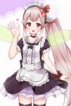  :d alternate_costume apron arm_up bangs black_dress black_legwear blush center_frills commentary cowboy_shot dress elf elu_(nijisanji) enmaided eyebrows_visible_through_hair fairy_wings flower frills green_wings hair_flower hair_ornament heart highres light_brown_hair long_hair maid maid_headdress nijisanji open_mouth pointy_ears puffy_short_sleeves puffy_sleeves racchi. red_eyes red_flower short_dress short_sleeves side_ponytail sidelocks smile solo thighhighs transparent_wings very_long_hair virtual_youtuber white_apron wings wrist_cuffs 