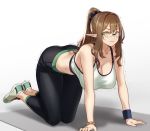  :t all_fours ass bracelet breasts brown_hair brown_haired_glasses_elf_(houtengeki) cleavage commentary crop_top elf full_body green_eyes houtengeki jewelry large_breasts long_hair midriff original pants pointy_ears ponytail rimless_eyewear shoes sidelocks simple_background sneakers solo sports_bra sweat wavy_mouth wristband yoga_pants 