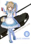  absurdres alice_(wonderland) alice_(wonderland)_(cosplay) apron bangs blue_bow blue_dress blue_footwear blue_ribbon bow brown_eyes brown_hair centurion_(tank) character_name chess_piece cosplay diadem dress eyebrows_visible_through_hair frilled_dress frills full_body girls_und_panzer gloves ground_vehicle hair_between_eyes hair_bow head_tilt highres holding king_(chess) long_hair looking_at_viewer mary_janes military military_vehicle motor_vehicle neck_ribbon ribbon shimada_arisu shoes short_sleeves side_ponytail standing striped striped_legwear tank white_apron white_background white_gloves 